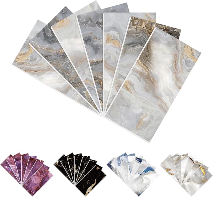 64-Pack Peel and Stick Backsplash Marble Wall Tiles, Waterproof 4" x 8" Glossy Imitation Amber Glow Marble, PVC Shower Wall Panels for Interior Wall Decor; Tile for Kitchen, Bathroom, and Fireplace