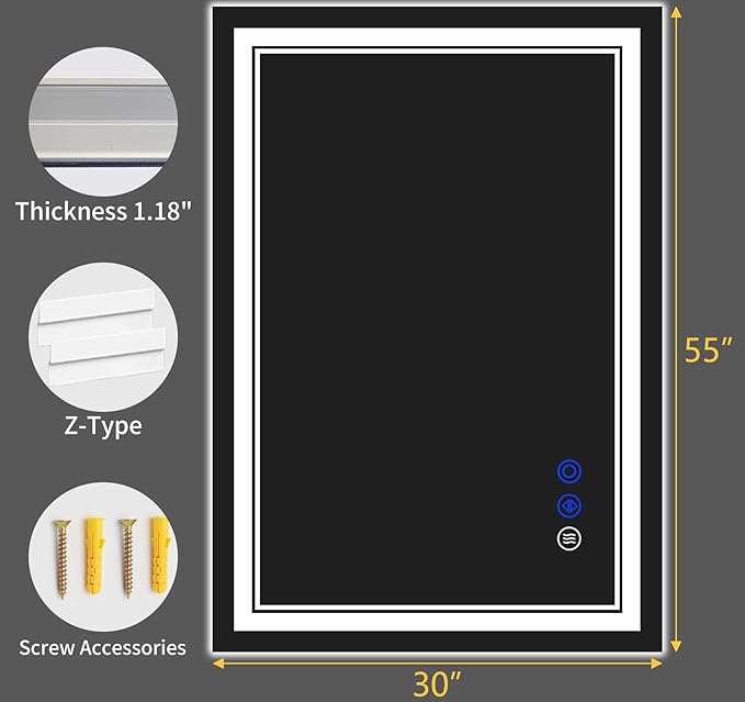 55"x30" LED Bathroom Mirror with Anti-Fog, Stepless Dimmable Lights, 3 Color Modes, Shatter-Proof Tempered Glass, Memory Function & Waterproof Design