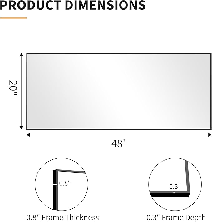 KOCUUY Black Bathroom Mirror, 20x48 Inch Rectangle Mirror for Over Sink, Modern Decorative Wall Mirror for Bedroom Living Room Bathroom, Hang Horizontal/Vertical