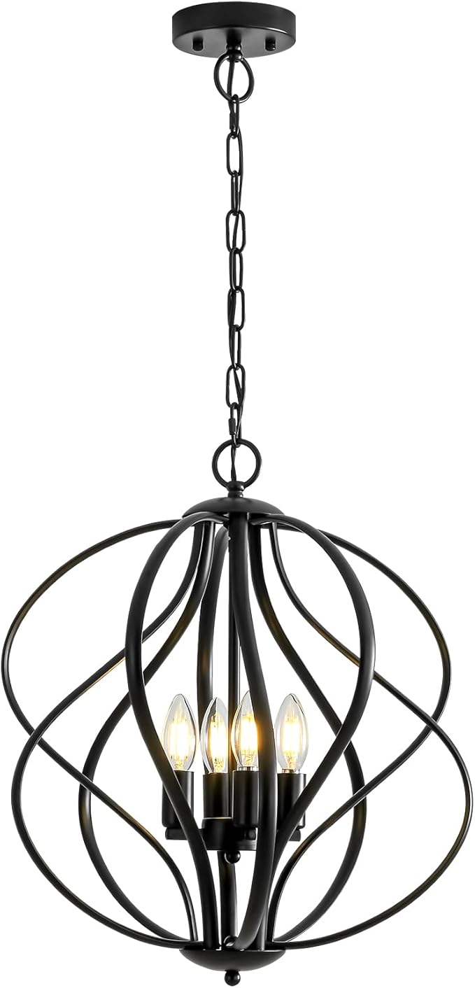 17” Modern Black Chandelier for Dining Room - 4-Light Industrial Sphere Pendant Light, Hanging Geometric Chandelier for Kitchen, Entryway, Foyer, Stairs