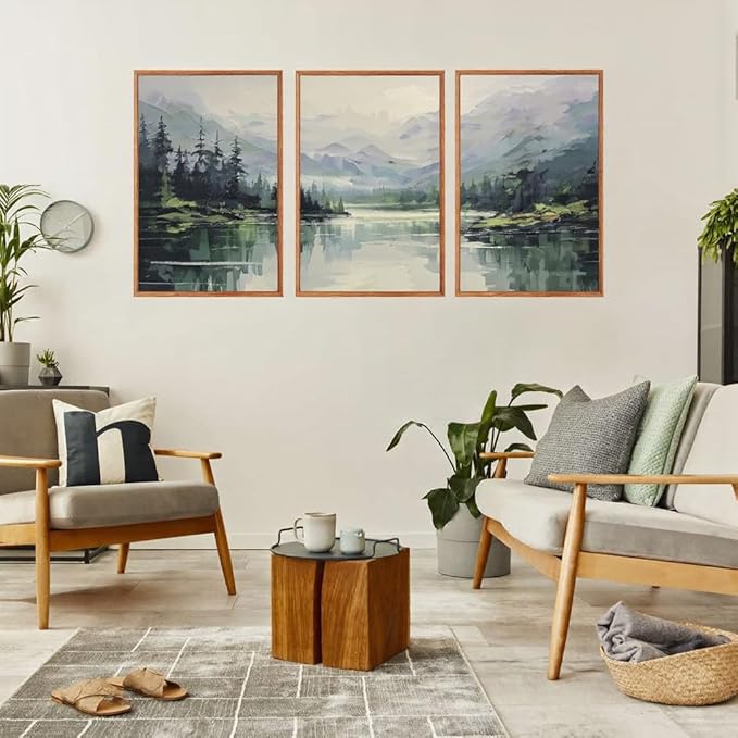 Aurlan Green Pine Trees Forest Landscape Framed Wall Art(16"x24"), 3PCS Abstract Mountain Lake Canvas Artwork, Large Watercolor Modern Nature Scenery Decor for Office Home