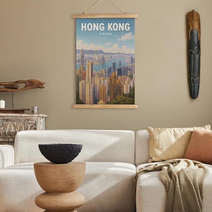 WREVERW Vintage Hong Kong China Wall Art Poster, Victoria Harbour Skyline Canvas Hanging Scroll with Wooden Frame, Travel Decor for Living Room Bedroom Office, 16x23 Inch