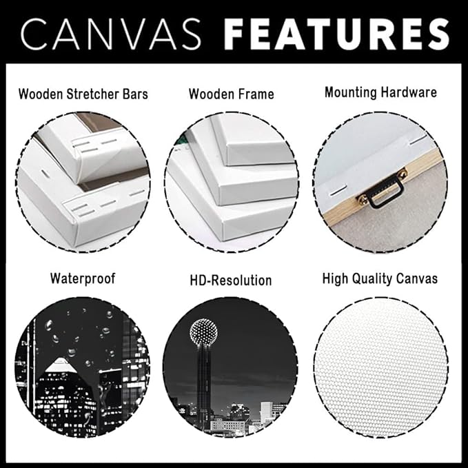 NAN Wind 1 Pcs Dallas Skyline Canvas Wall Art Black White Cityscape Night Scene Modern City Giclee Prints on Canvas Framed Urban Home Decor Skyscrapers Picture Painting for Room Decor