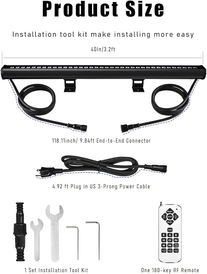 New Upgraded Wall Washer LED Lights with 10x60°, 108W, Linkable, Dimmable &Timing&11 Mode RGBW Color Changing Wall Wash Lighting with RF Remote and Switch Control, 3.2ft/40 120V Light Bar