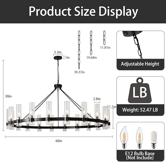 48" Black Wagon Wheel Chandelier, 16-Light Farmhouse Round Pendant Light Fixture with Glass Shade, Large Hanging High Ceilings Chandeliers for Dining Room Kitchen Foyer Entryway Living Room