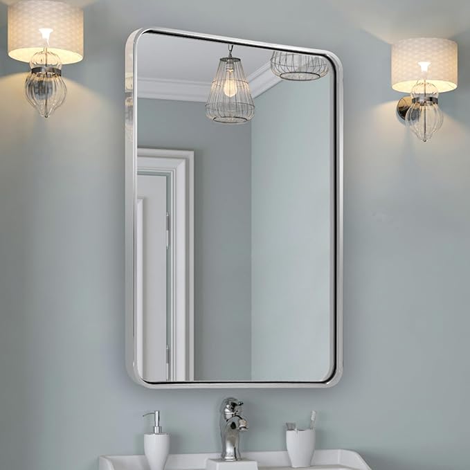 ANDY STAR Chrome Bathroom Mirror, 30x36’’ Rounded Rectangle Mirror Polished Silver Bathroom Vanity Mirror Metal Framed, SUS304-Anti-Rust, Tube Frame, Wall-Mounted Horizontal/Vertical 1’’ Deep