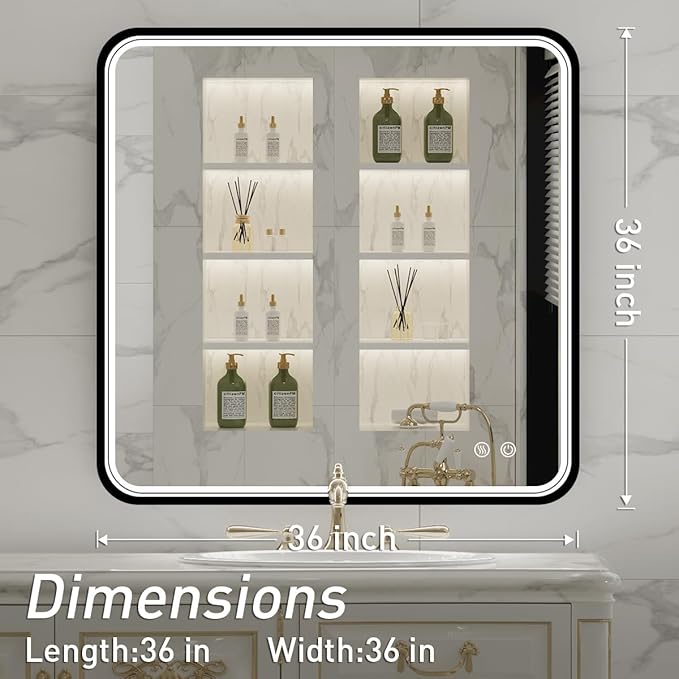 36X36 Inch Black Frame Bathroom with Lights,Wall Mounted Lighted Vanity Mirror,Anti Fog Dimmable Led Mirror for Makeup(Horizontal/Vertical)