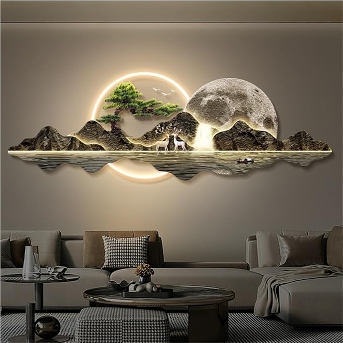 LED 3D Wall Art Decor, Landscape Wall Mural with Welcoming Pine Tree, Traditional Oriental Wall Sculpture with Light, Decorative Wall Art for Living Room(Light Blue,31.4in)