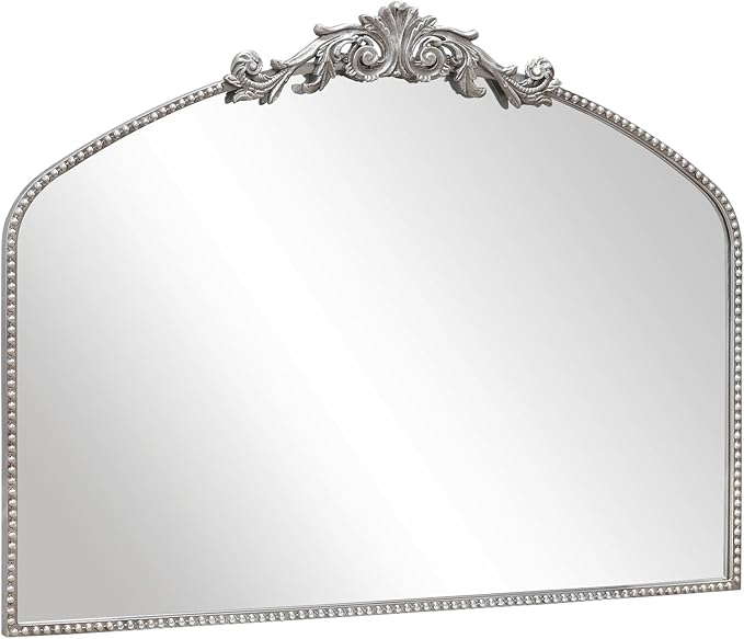 Antique Silver Arch Wall Mirror, 40"x31" Vintage Mantel Mirror with Ornate Metal Frame, Baroque Victorian Mirror for Fireplace/Entryway/Bathroom/Living Room/Hallway