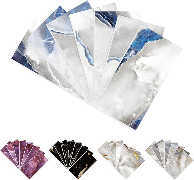 16-Pack Peel and Stick Marble Wall Tiles, Waterproof 4" x 8" Glossy Imitation Ice Blue Marble, PVC Shower Panels for Kitchen, Bathroom, and Fireplace