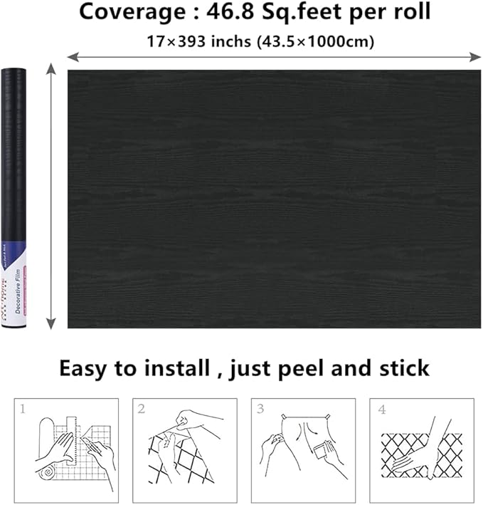 Arthome Peel and Stick Wallpaper - Black Wood Contact - Black Wallpaper - Self-Adhesive & Removable Wall Paper for Countertop Furniture Kitchen, Countertop Contact Paper, Easy to Clean, (17"x393")