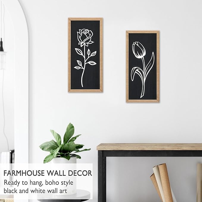 3D Wooden Black and White Floral Framed Wall Decor of 2, 7"X16" Farmhouse Vintage Boho Minimalist Flower Wall Art for Living Room, Rustic Retro Moody Vertical Tulip Rose Botanical Wall Sculptures
