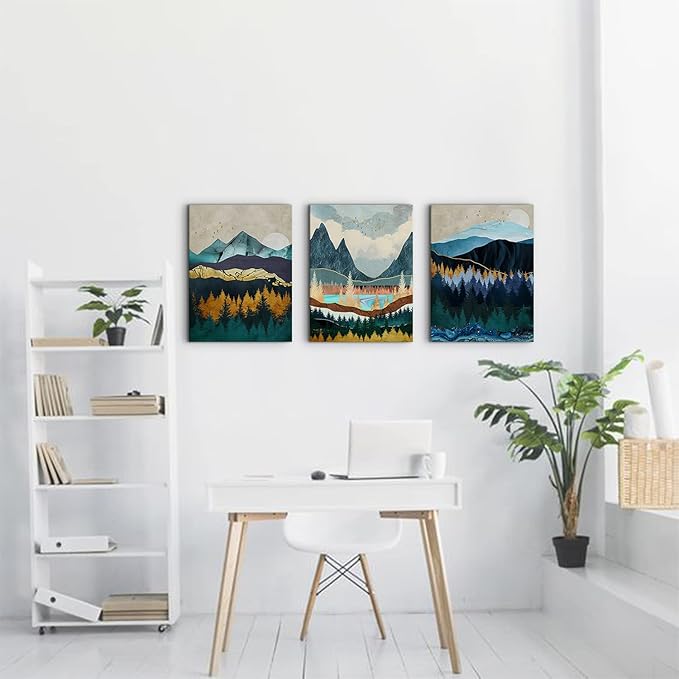 Abstract Mountain Canvas Wall Art Decor Modern Boho Nature Wood Landscape Painting Poster Minimalist Navy Blue Forest Picture Framed Artwork Home Decorations Bathroom Bedroom 24x32 inch 3 Sets