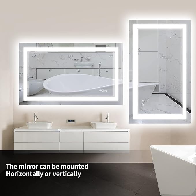 44 x 30 Inch LED Bathroom Mirror, Front Light and Backlit Lighted Vanity Mirror, Anti-Fog, Dimmable Memory, Shatterproof, Wall-Mounted