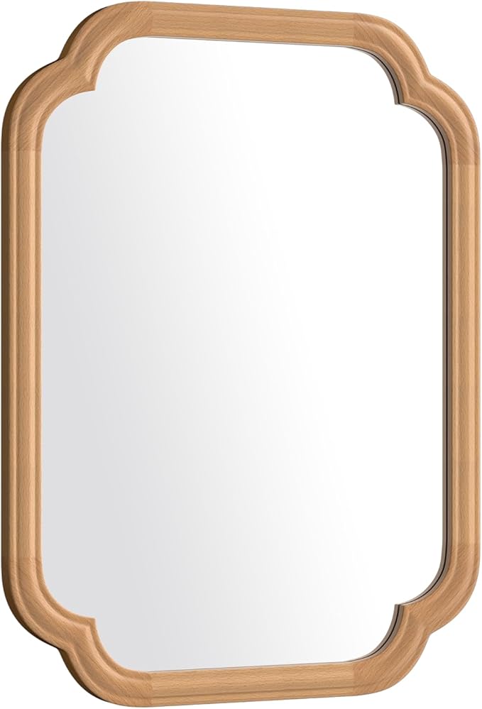 Natural Wood Framed Mirror,18X24 Inch Bathroom Mirror for Over Sink Wood Mirror for Bathroom Modern Rounded Corner Rectangle Wall Mounted Mirror for Bathroom (Horizontal/Vertical)