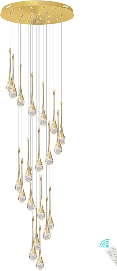 138'' High Ceiling Chandelier for Entryway Gold Raindrop Crystal Chandeliers for Living Room Foyer Staircase Flush Mount Sloping Ceiling Pendant Light Fixture LED Dimming 2700k-6000k