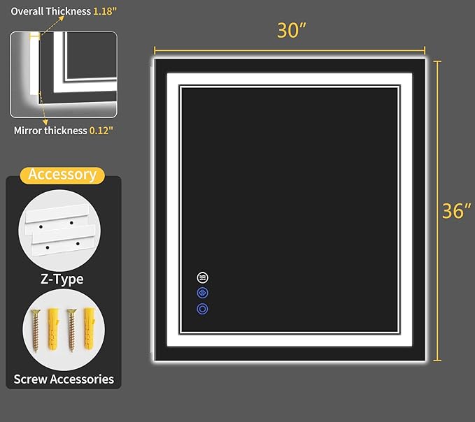 30"x36" LED Bathroom Mirror with Lights, Anti-Fog, Backlit + Front Lit, Dimmable, Led Vanity Mirror for Wall, Lighted Bathroom Mirror, 3 Colors, Shatter-Proof Tempered Glass