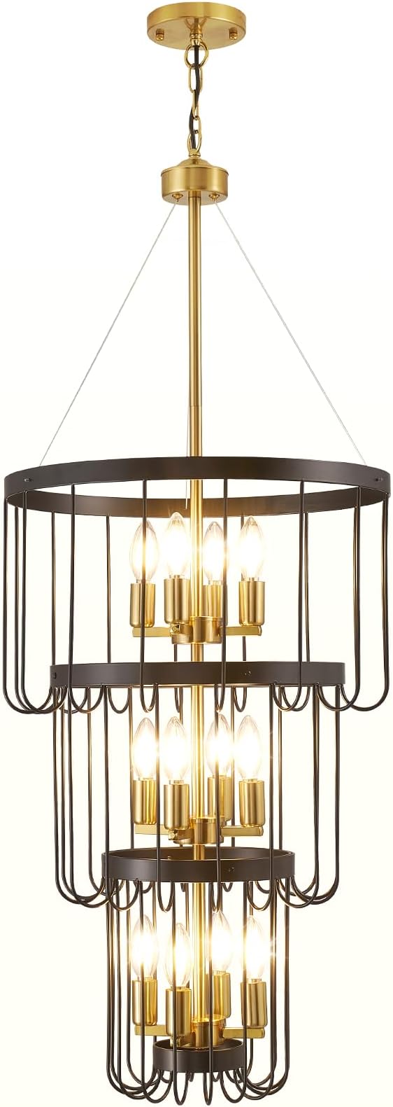 Black and Gold Chandelier, 12-Light Farmhouse Chandelier for Entryway, Industrial Foyer Lighting Fixtures, Large Chandeliers for High Ceilings, Modern Hanging Pendant Lights for Staircase, Entryway