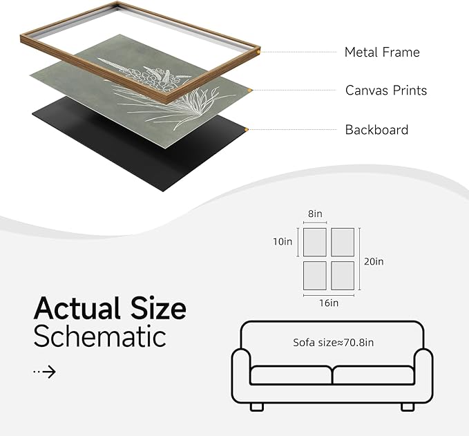 Boho Framed Botanical Wall Art for Bathroom Decor, 4 Piece Rustic Floral Canvas Painting Prints Artwork for Walls, Vintage Neutral Flower Pictures for Farmhouse Bedroom Dining Room Kitchen, 8x10 Inch