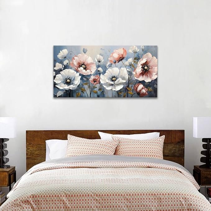 BYXART Pink & White Flower Canvas Painting Stunning Flower Canvas Wall Art In Light Blue-Gray Tone Background Floal Picture Abstract Artwork for Bedroom Living Room Office Bathroom Wall Decor 40Lx20W
