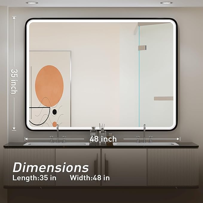 48x36 Inch LED Bathroom Mirror with Lights, Vanity Lighted Black Framed Mirror Anti Fog Stepless Dimmable,Wall Mounted Light up Mirror (Horizontal/Vertical)