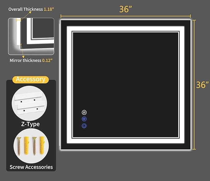 36"x36" LED Bathroom Mirror with Lights, Anti-Fog, Backlit + Front Lit, Dimmable, Led Vanity Mirror for Wall, 3 Colors, Memory Function, Shatter-Proof Tempered Glass