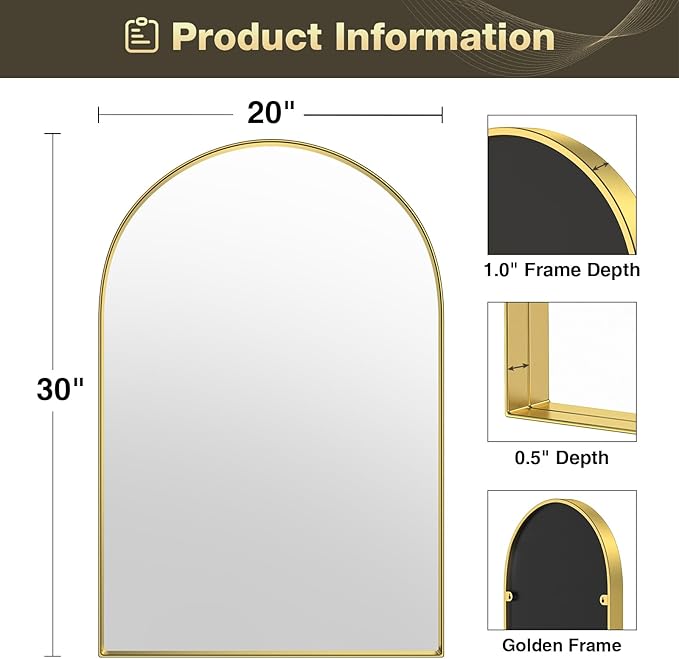Brightify Arched Mirror, Arched Wall Mirror, 20 x 30 Inch Gold Arch Mirror, Metal Frame Gold Bathroom Mirror, Arched Top Bathroom Vanity Mirror for Living Room Bedroom Mantel Entryway Hallways
