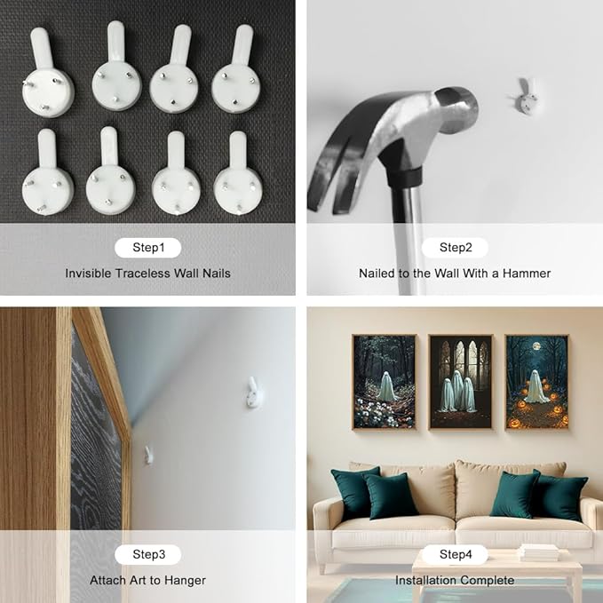 Ausril 3Pc Halloween Cute Ghost Framed Wall Art Set, Scary Forest and Pumpkin Wall Decor, Horror Moon Night Wall Painting, Gothic Spooky Art Print for Living Room, Bedroom, Party, Basement 16×24inch