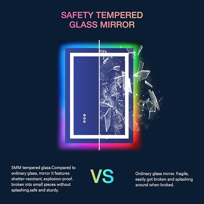 LOAAO 20"X28" LED Bathroom Mirror with Lights, Anti-Fog, Dimmable, RGB Backlit + Front Lighted, Bathroom Vanity Mirror for Wall, Memory Function, Waterproof, Tempered Glass