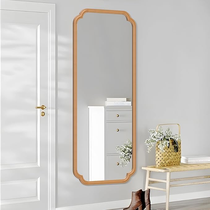 Natural Wood Framed Bathroom Mirror for Wall, 60X24 Inch Wood Bathroom Vanity Mirror Farmhouse, Large Rounded Rectangle Mirror, Tempered Glass, Hangs Horizontally or Vertically