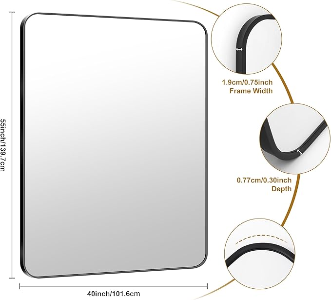 KOCUUY Black Bathroom Mirror 55"x40", Large Vanity Mirror with Rounded Corner, Metal Black Frame with Mordern Design for Bathroom, Living Room, Entryway, Hang Horizontal/Vertical