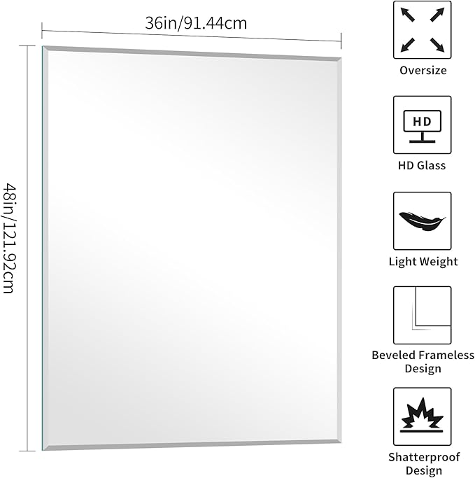 KOCUUY Beveled Mirror, 48x36 Inch Large Frameless Bathroom Mirror for Over Sink, Upgraded Shatterproof Beveled Unframed Design Mirror for Bathroom, Bedroom, Hang Horizontal/Vertical