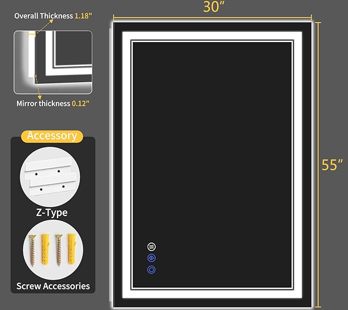 30"x55" LED Bathroom Mirror with Lights, Anti-Fog, Backlit + Front Lit, Dimmable, Led Vanity Mirror for Wall, Lighted Bathroom Mirror, 3 Colors, Shatter-Proof Tempered Glass