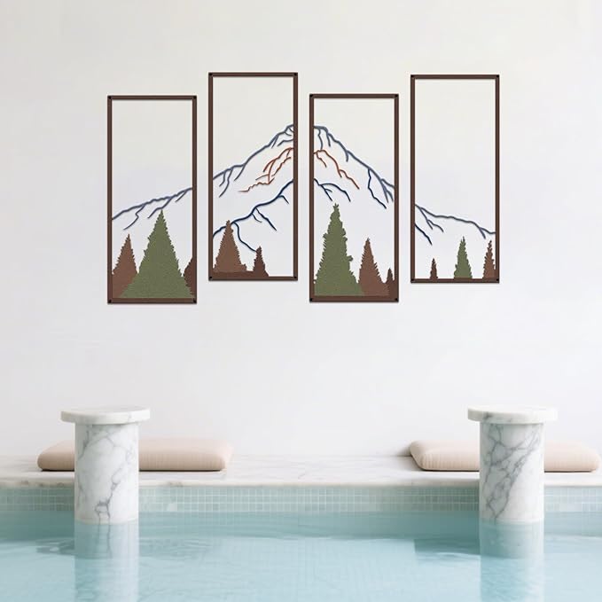 4 Pcs Metal Mountain and Forest Wall Decor Colorful Landscape Mountain Wall Art Pine Tree Forest Wall Decoration Rustic Nature Wall Decor for Living Room Home Office Bathroom Indoor (Middle)