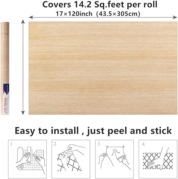 Arthome 17" x120''Peel and Stick Oak Wood Contact Paper Self-Adhesive Wall Paper,Decorative Vinyl Film for Countertop, Cabinets, Shelf, Drawer Liner,Easy to Clean Removable Wall Covering