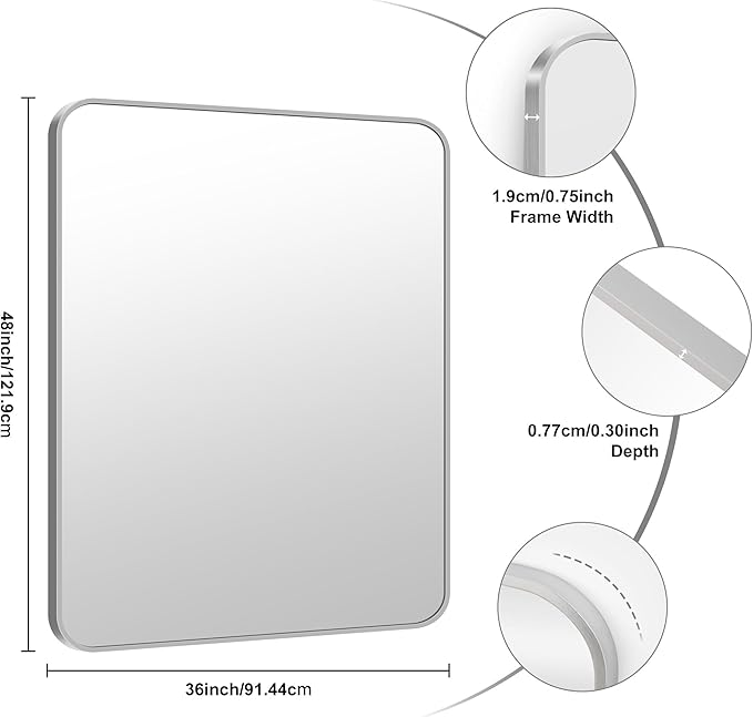 KOCUUY Silver Bathroom Mirror, 48x36 Inch Large Bathroom Mirror for Over Sink, HD Tempered Glass, Anti-Rust Brushed Silver Frame, Rounded Corner Modern Design for Bathroom, Hang Horizontal/Vertical