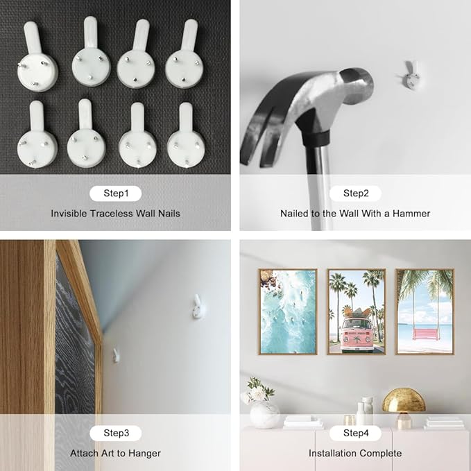 Large Summer Beach Surfing Scene Framed Canvas Wall Art Set,Coastal Pink Van and Surfboards Wall Decor,Trendy Beach Swing Palm Trees Artwork for Living Room,Bedroom-16 x24 x3