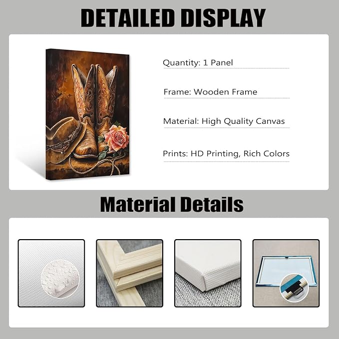 PBXBJY Western Canvas Wall Art Cowboy Boot Wall Decor Southwest Pictures Boot and Roses Print Rustic Farmhouse Bedroom Decor Framed (28.00" x 42.00")