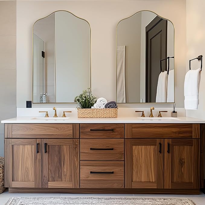 ANDY STAR Brass Scalloped Arched Wall Mirror, 22x35 Brushed Gold Irregular Bathroom Mirror with Curved Design for Vanity, Powder Room, Fireplace, Mantel, Stainless Steel Frame