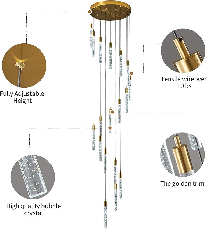 18-Light Modern Living Room Chandelier Gold Brass Finish Crystal Ceiling Pendant Lights LED Dimmable 108W 6000K Staircase Large Chandeliers for Entryway Lobby Foyer High Ceiling Chandeliers