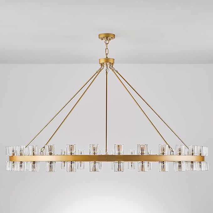 60 Inch Gold Wagon Wheel Chandelier with Crystal Shade, 60 Lights, Modern Farmhouse Style, Ideal for Dining Room, Kitchen, Entryways