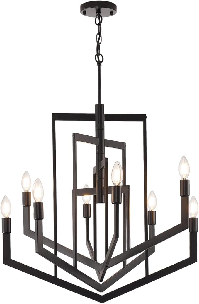 Black Farmhouse Chandelier,8-Light Modern Geometric Pendant Light Fixtures,Rustic Industrial Foyer Lighting Fixtures, Large Foyer Chandeliers for High Ceilings,for Kitchen Island,Staircase,Entryway