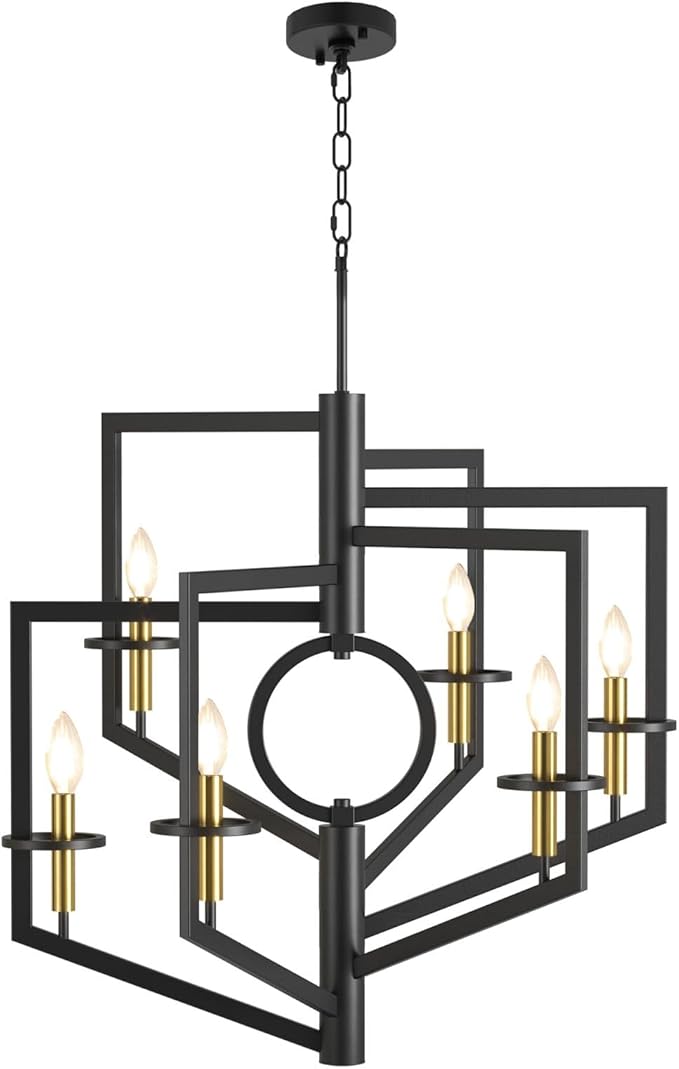 Black and Gold Chandelier, 6-Light Dining Room Light Fixture, Farmhouse Kitchen Island Lighting, Modern Foyer Lighting Fixtures, Foyer Chandeliers for High Ceilings, for Staircase, Entryway