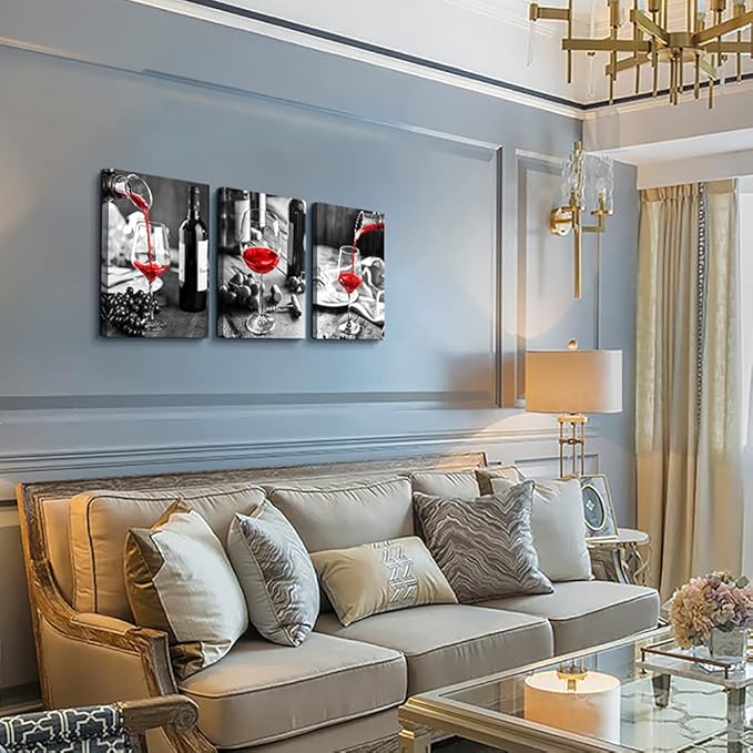 Canvas Wall Art For Kitchen Wall Decor For Dining Room Black And White Wine Glasses Painting Modern Red Wine Canvas Art Prints Ready To Wall Pictures For Restaurant Home Decorations 16"X24" 3 Pieces