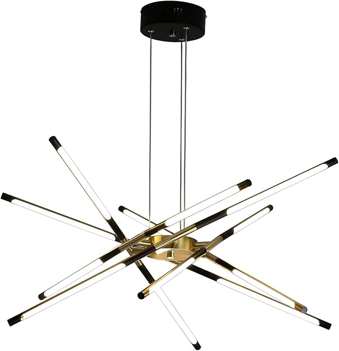 Modern Chandelier,Black and Gold Chandelier 12 Light LED Dimmable Pendant Lights,Easy to Install Ceiling Light 54W Linear Hanging for Dining Room, Kitchen,Bedroom 3000k-6000k with Remote Control
