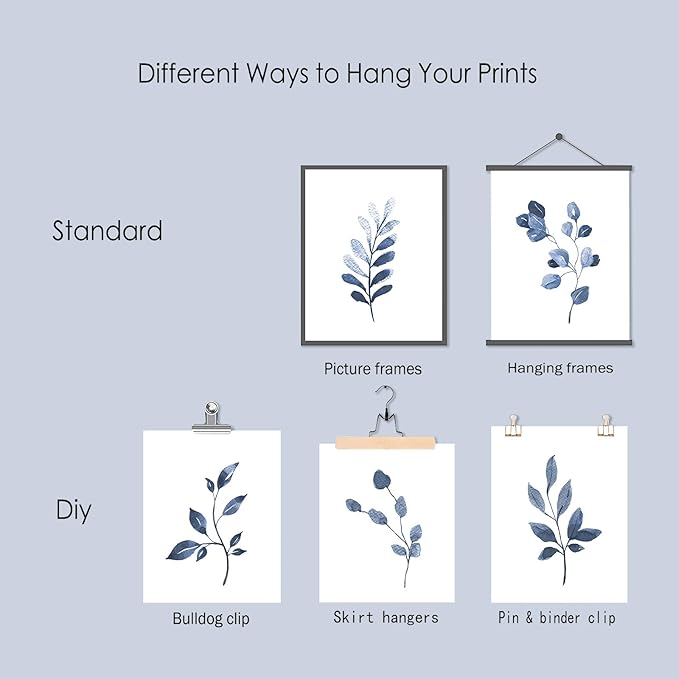 Navy Blue Botanical Wall Art Set of 6 Unframed, Minimalist Abstract Botanical Prints Watercolor Blue White Leaf Plant Wall Decor Canvas Painting, Boho Floral Botanical Wall Decor for Bathroom, Living Room