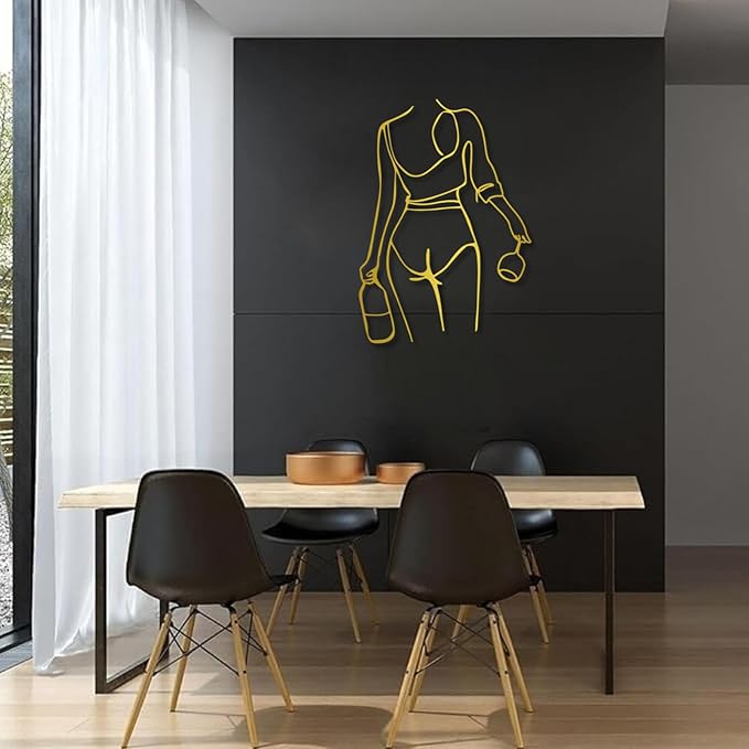 Metal Wall Art Woman Drinking Wine, Modern Minimalist Abstract Line Sculpture, Feminine Wall Decor for Living Room, Dining Room, Bar, Kitchen, Perfect Wine Lover Birthday Housewarming Gift – Gold 30.3"x21.7"