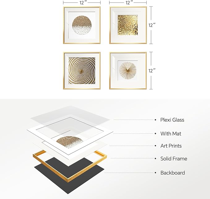 4 Pcs Framed Modern Canvas Wall Art, Gold and White Minimalist Pictures Prints, Luxury Geometric Painting Artwork Home Decoration for Hallway, Bathroom, Dining Room and Living Room