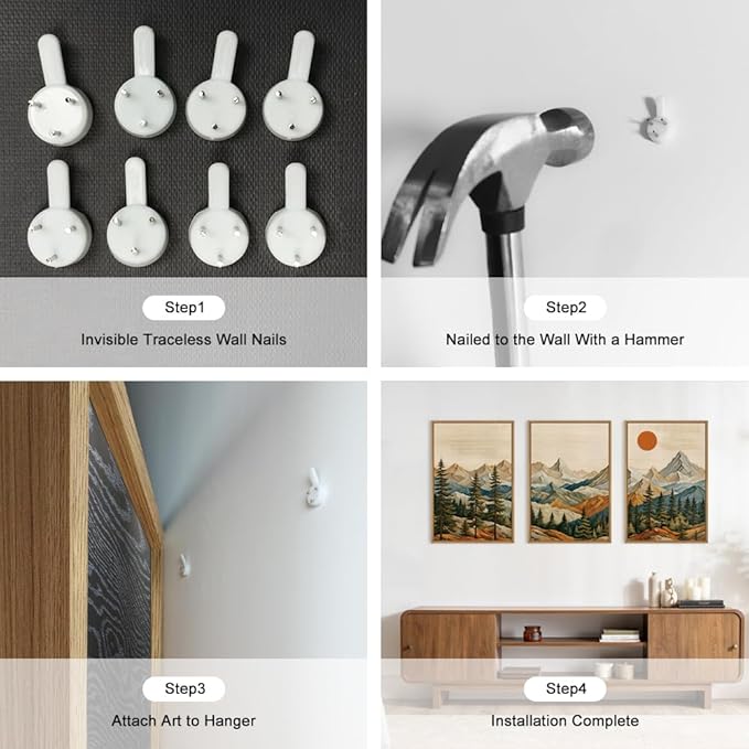 Ausril Boho Woodcut Mountain Framed Canvas Wall Art Set, Woodcut Pine Tree Wall Decor, Brown Wooden Forest Wall Painting, Vintage Mountain Sunrise Art Print for Living Room, Bedroom, Office 16"X24"X3