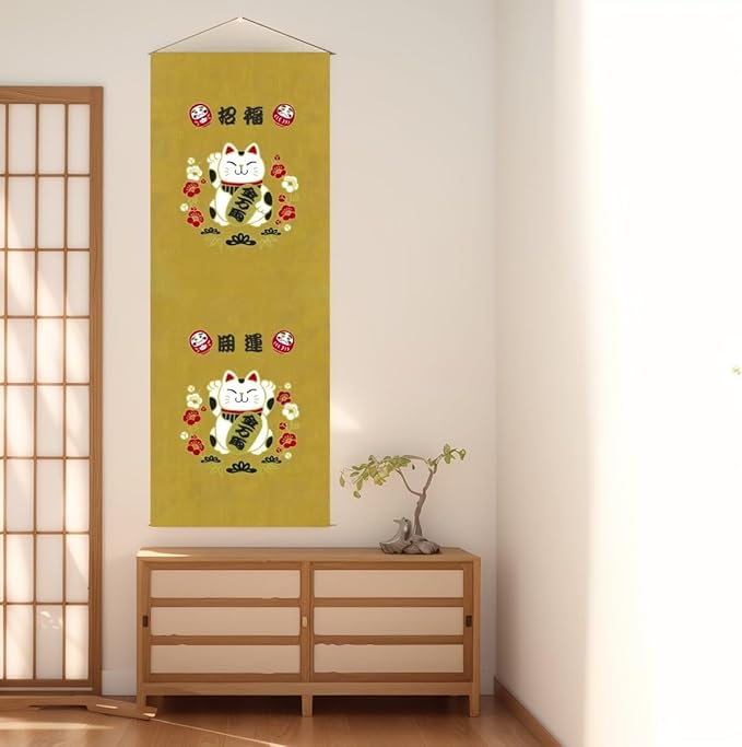 Japanese Tapestry Scroll Wall Art - Good Fortune Feng Shui & Lucky Symbols | W15.7xH47.2", Extra Long Vertical Hanging Decor for Bedroom, Living Room, Office | Washable Fabric (Beckoning Cat) CTT-129